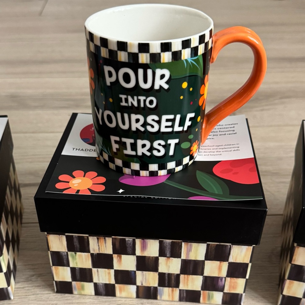 MacKenzie-Childs Green & Orange "Pour Into Yourself First" Mug